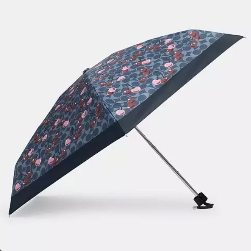 ☔️🍒COACH UV Protection Mini Umbrella In Signature C Denim/Multi Cherry Print NWT